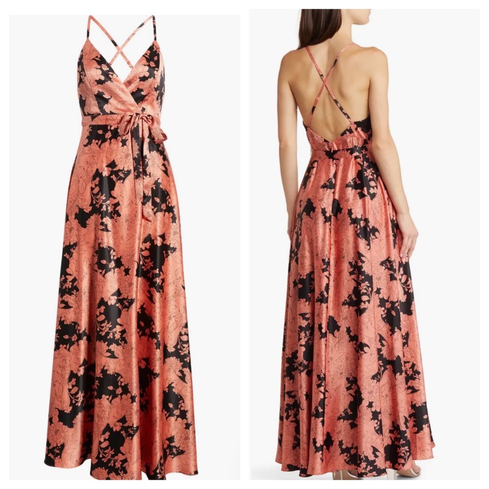Lulu's Coral and Black Floral Satin Maxi Dress